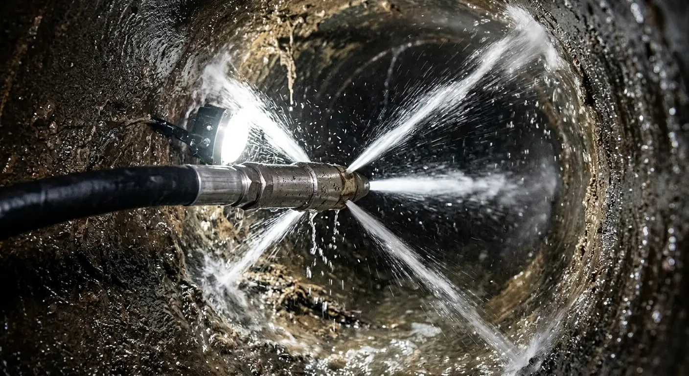 High-pressure hydro jetting nozzle cleaning sewer pipe for Storm Drain Cleaning in Flat Rock