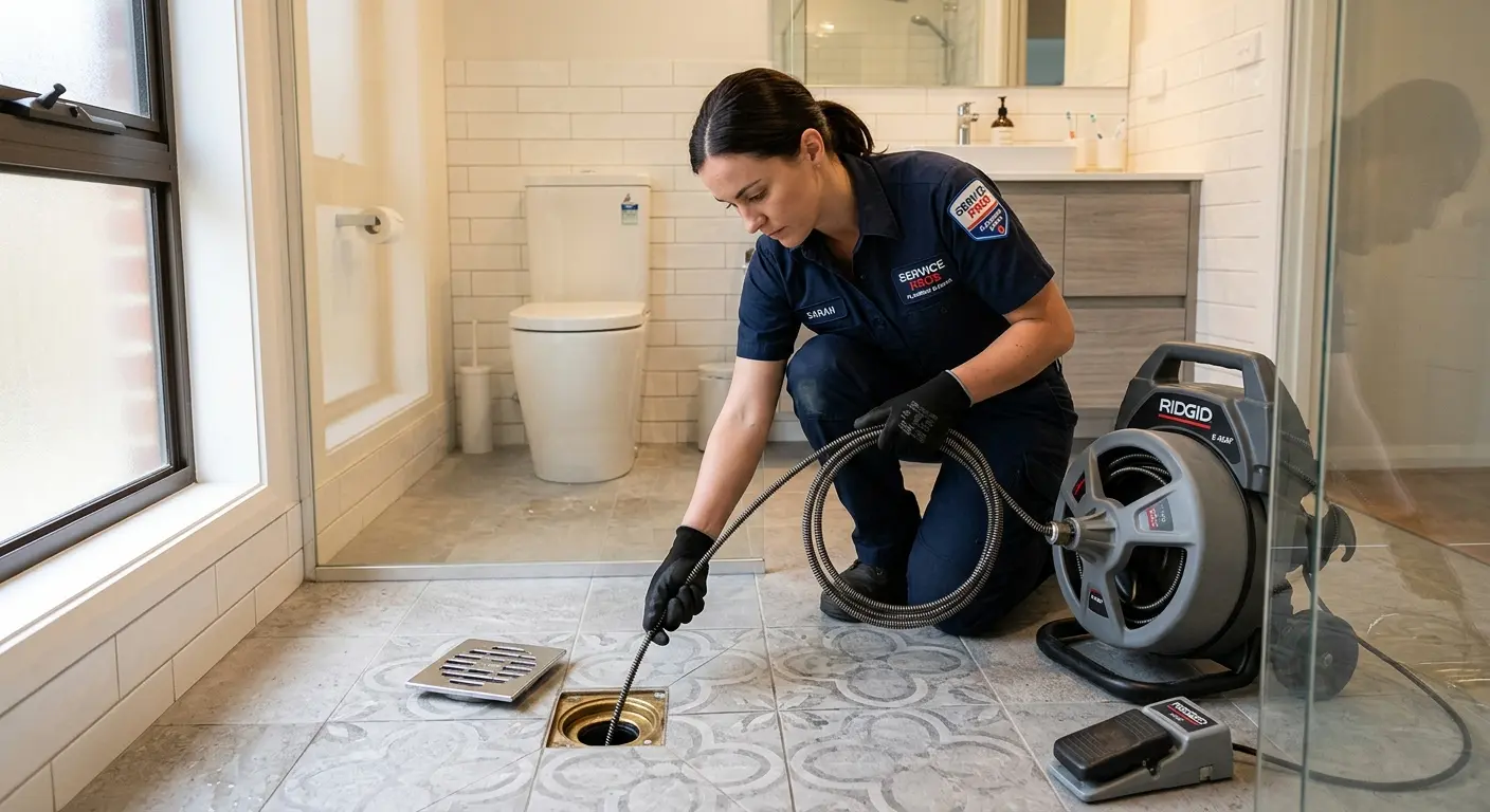 Technician clearing a bathroom floor drain for Sewer Line Installation in Flat Rock